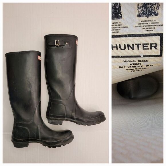 Hunter Boots Womens Size 10F Classic Original Tall Rain Black Gloss Wellies - Picture 2 of 12